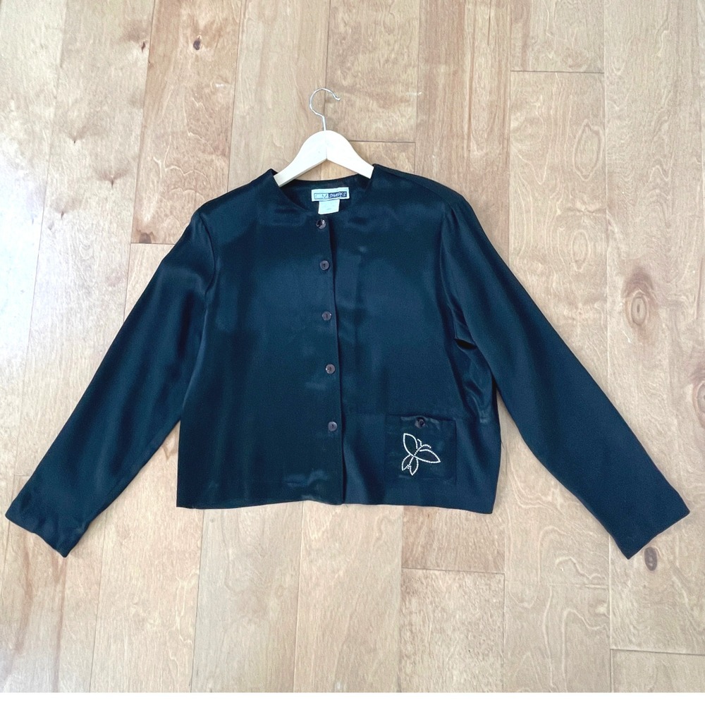 CM Shapes Vintage Black Button Front Jacket Rhinestone Butterfly Y2k 90s USA L
